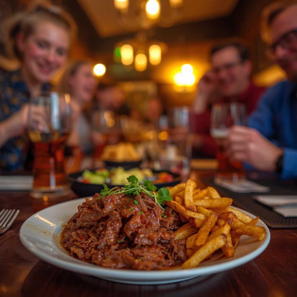 Plate of braised beef with thick-cut fries on a dark wooden table as a group of diners chat and toast in the blurred background, warm lighting above.